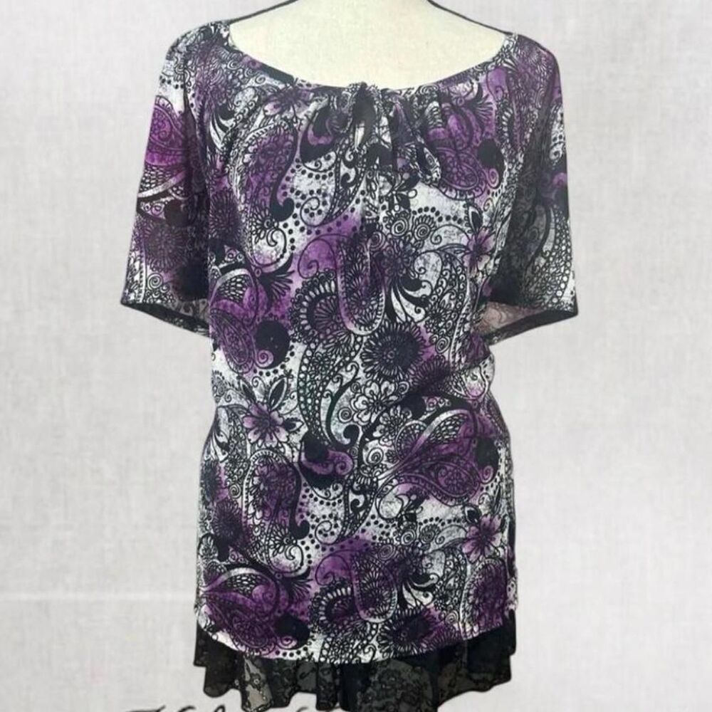 Fairy Dark Purple Boho Patterned Blouse with Tie Front
